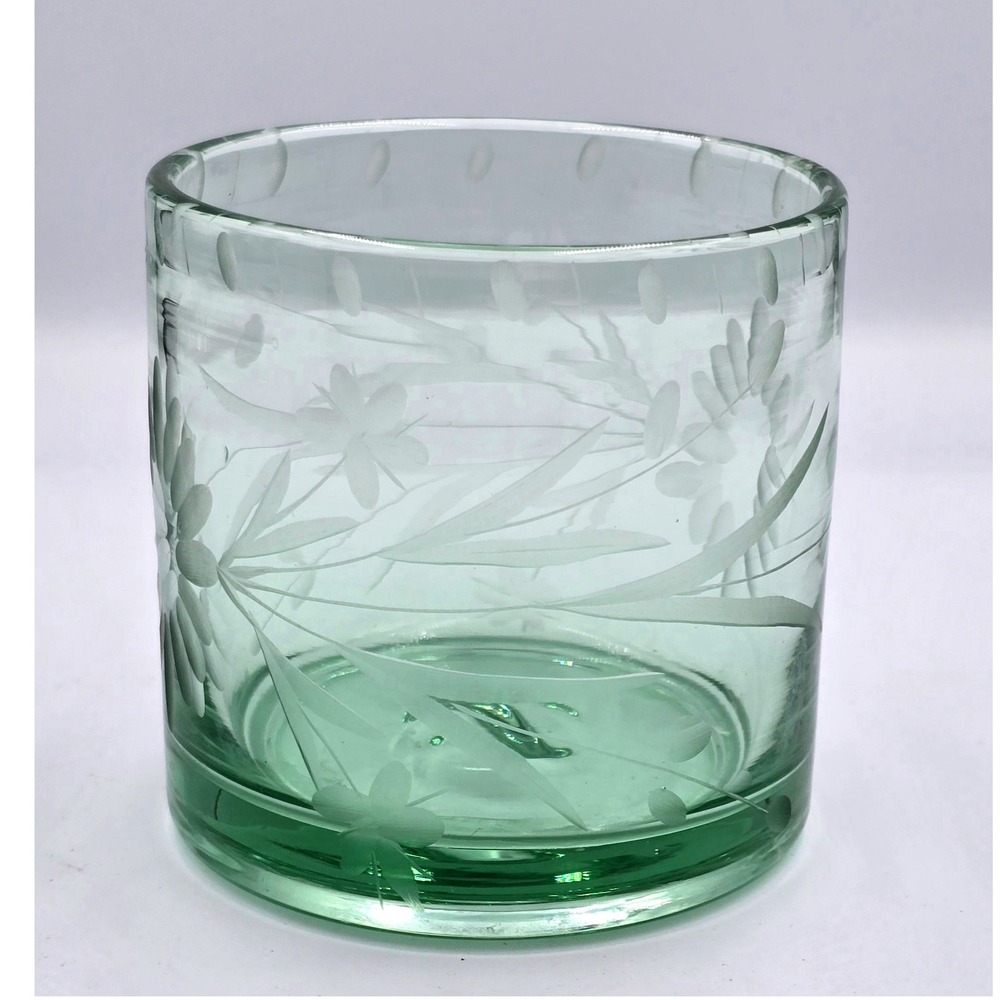 Bobby Flay Green Etched Hand Blown Double Old Fashioned Rock Glass Tumbler 12oz.